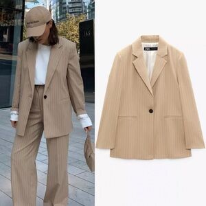 Zara Striped Lapel Collar Blazer Beige